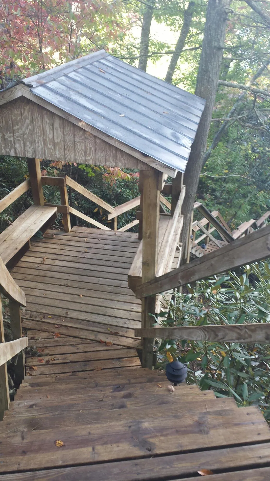 Metal roofed shelter over wooden steps on a wooded walkway — Skylight Repair & Installation work by our crew in Eastman